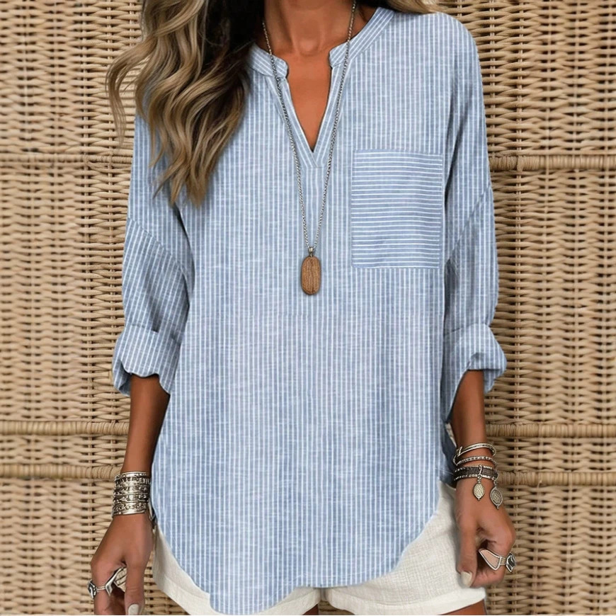 Women's Striped V-Neck Loose Fit Pocket Blouse