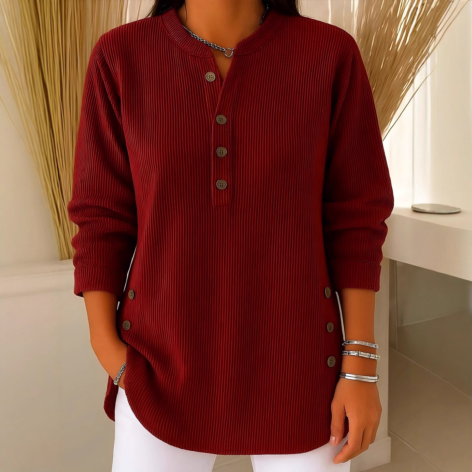 Corduroy Solid V-Neck Button Long-Sleeve Loose Fit Women's Top