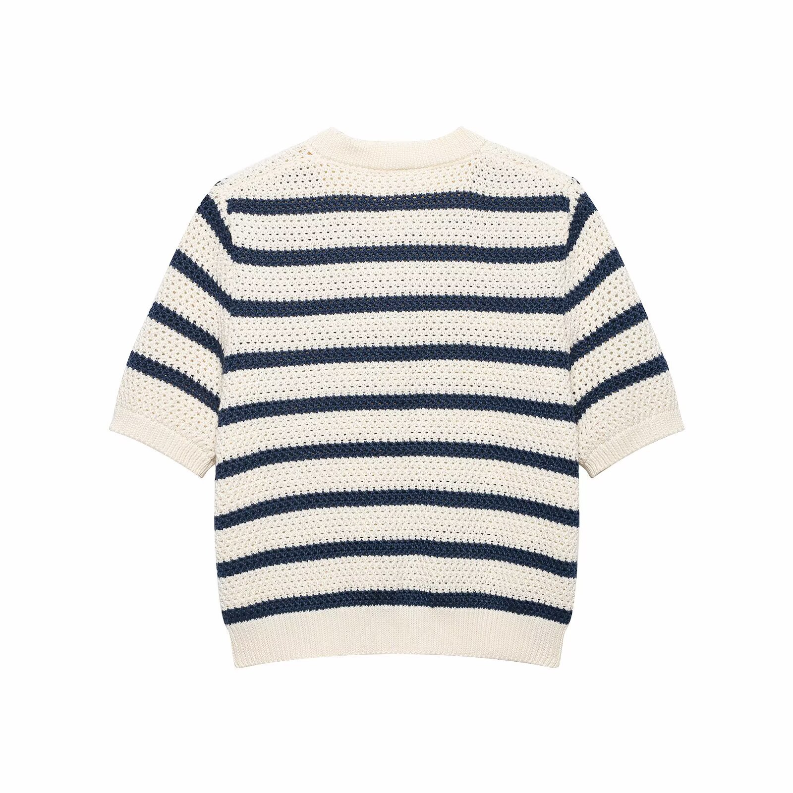 Striped Button-Front Crewneck Knit Sweater