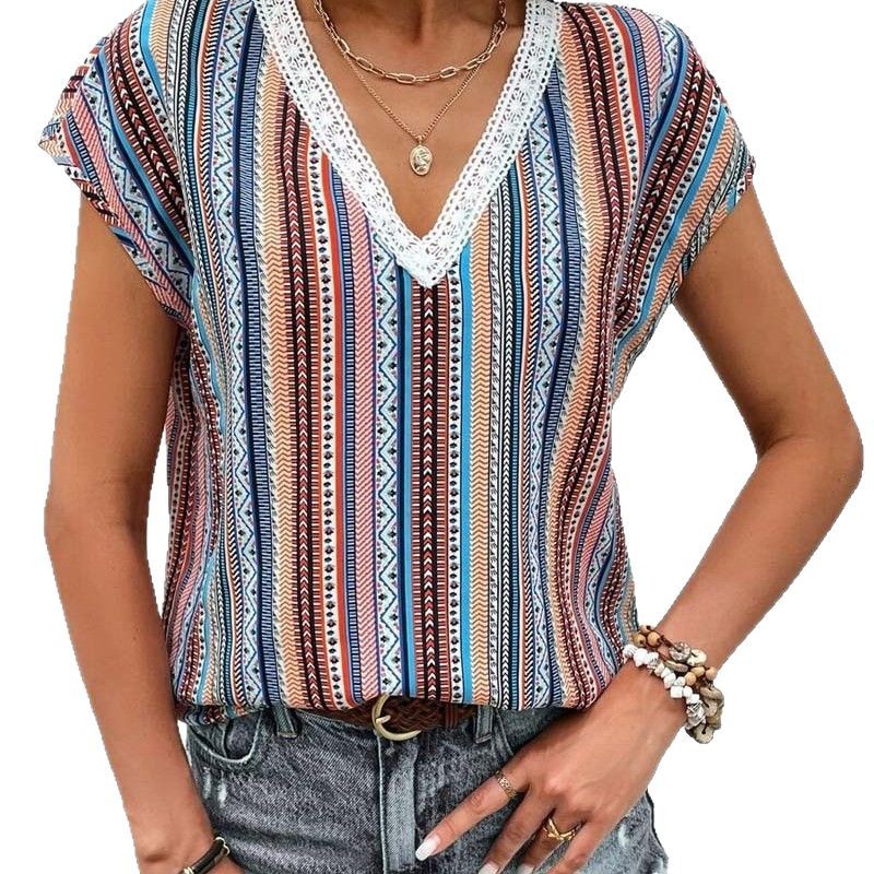 Color Lace V-Neck Short-Sleeve Casual Top
