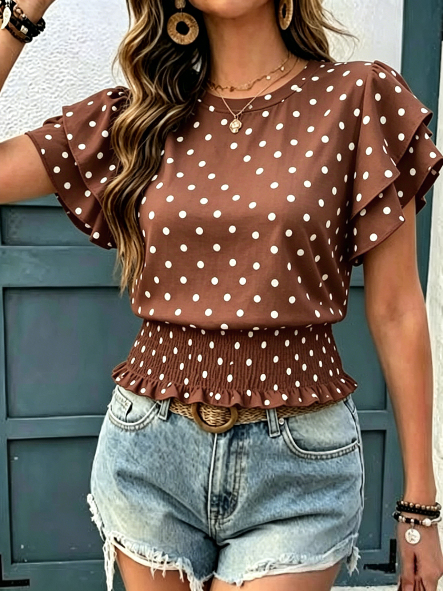 Polka Dot Print Ruched Short Sleeve Crew Neck T-Shirt