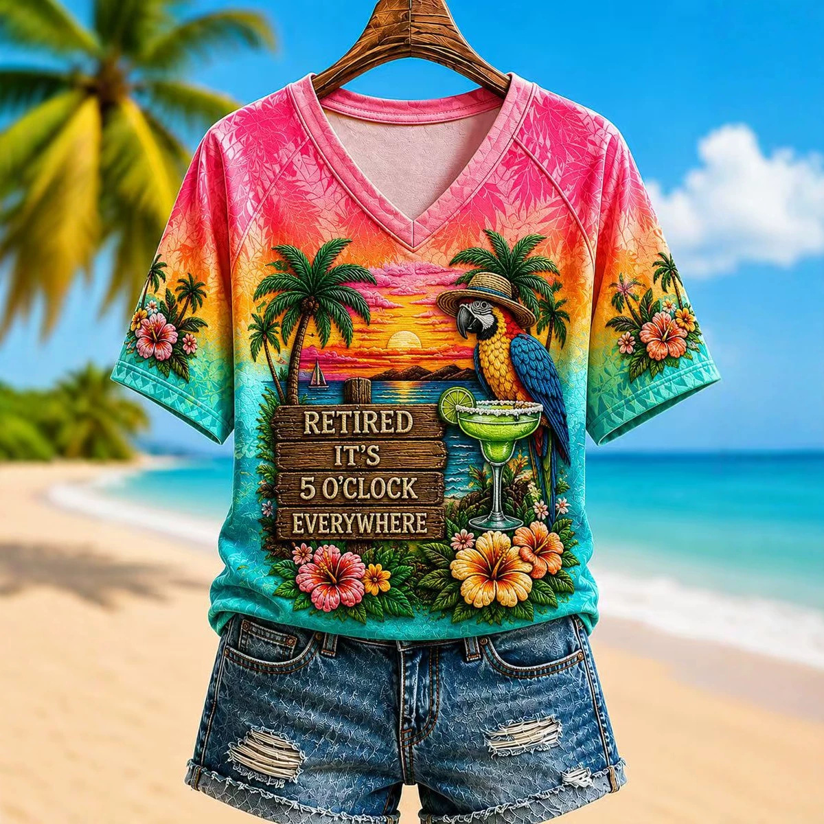 Women's Vacation Print Short Sleeve V-Neck Top