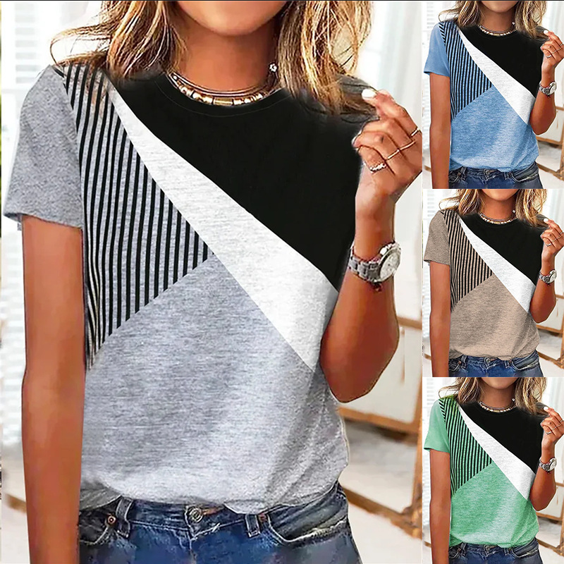 Women's Color-Block Striped Print Short-Sleeve Crewneck Casual T-Shirt