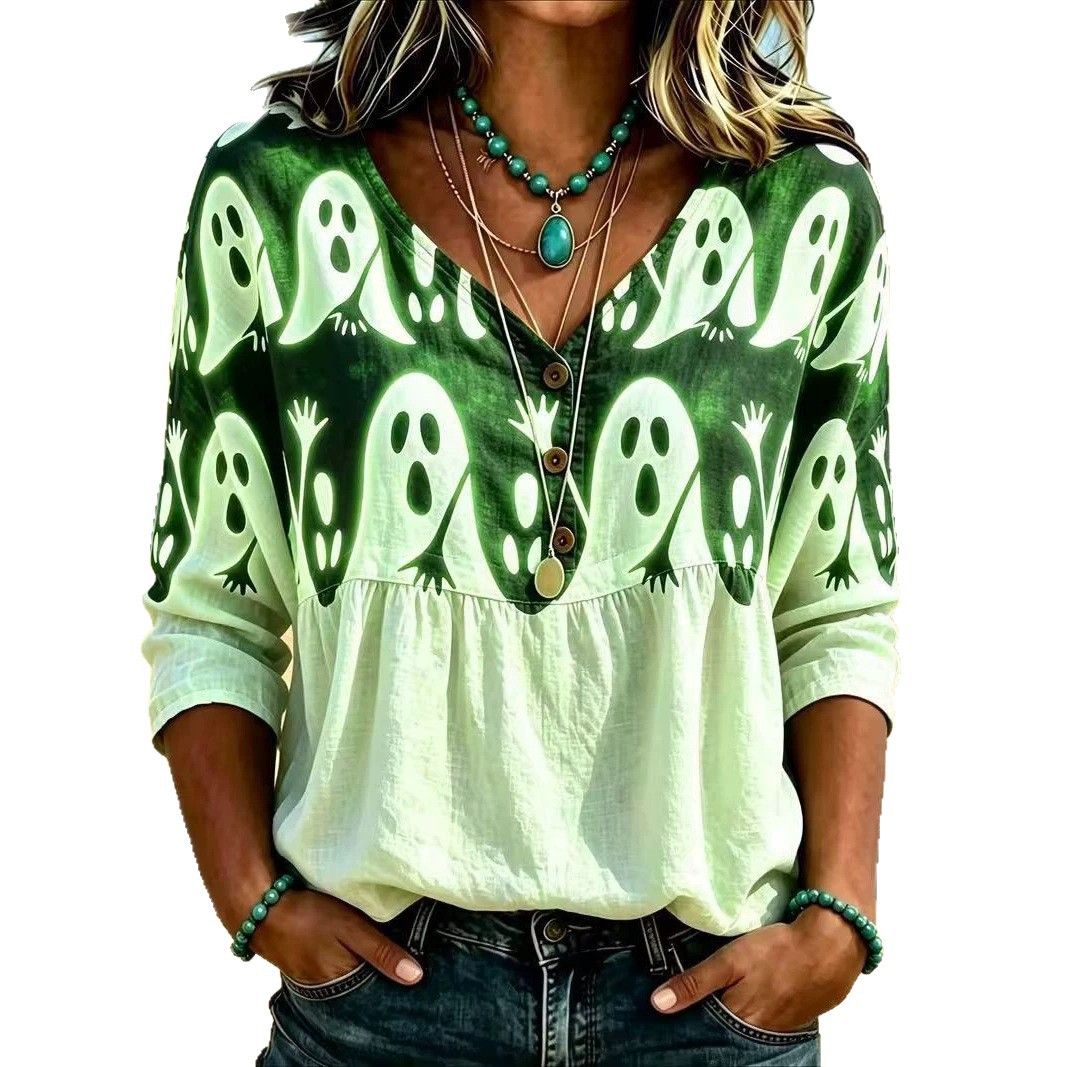 Halloween Ghost Print V-Neck Short Sleeve Women's T-Shirt