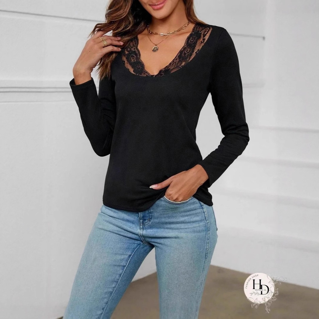 V-Neck Long Sleeve Lace Trim Top