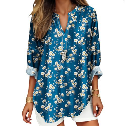 Women's Floral Polka Dot Print V-Neck Long Sleeve T-Shirt