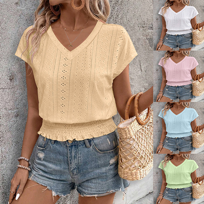 Women's V-Neck Jacquard Hollow-Out Smocked Short-Sleeve Top