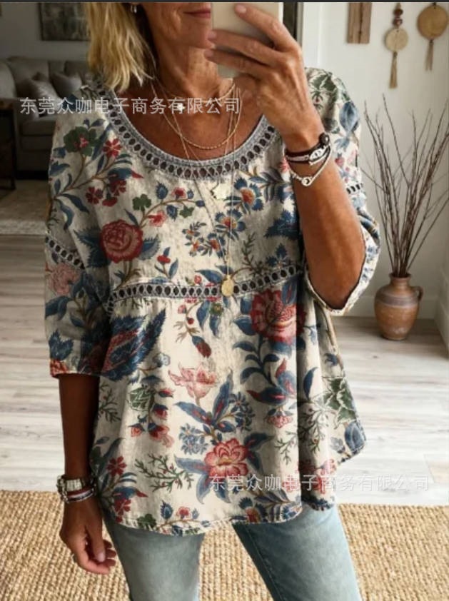 3D Floral Print Crewneck Half-Sleeve Ruched Top