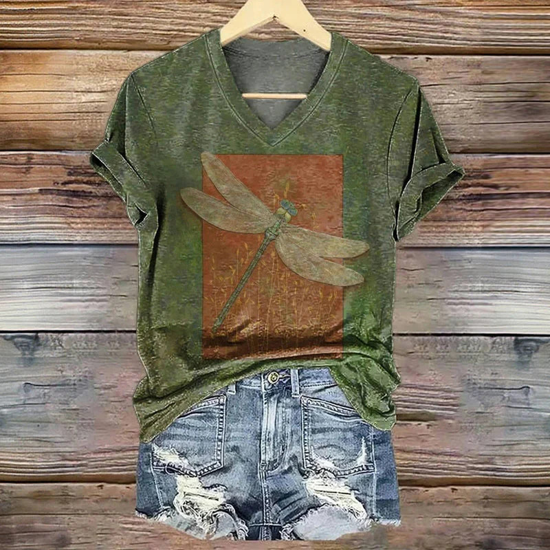 Women's Dragonfly Floral Print V-Neck Short Sleeve T-Shirt
