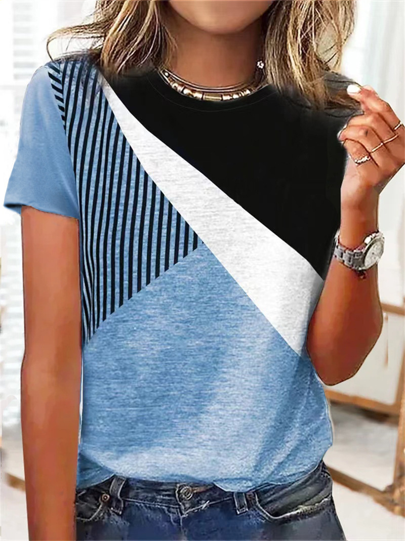 Women's Color-Block Striped Print Short-Sleeve Crewneck Casual T-Shirt