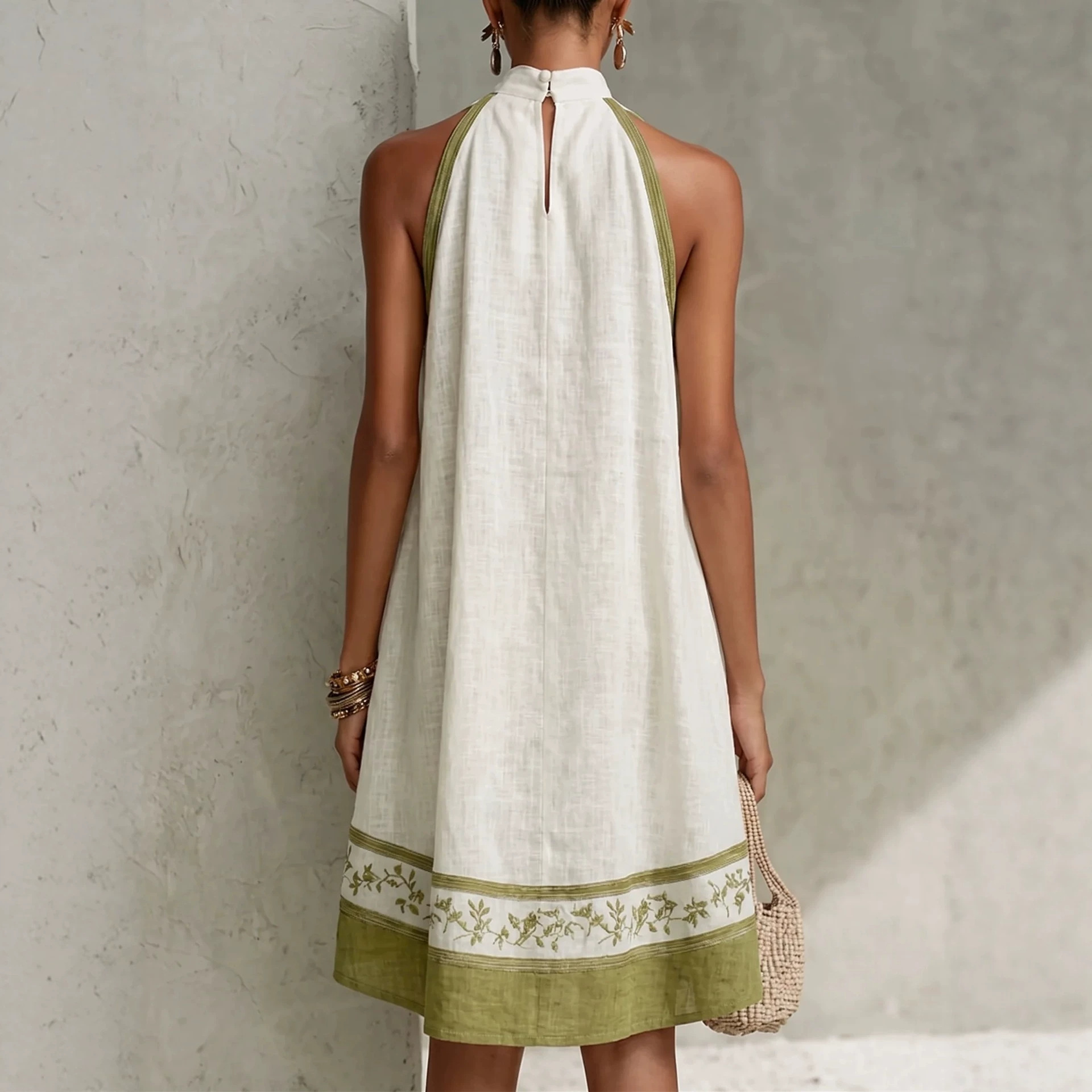 French Style Halter Sleeveless Colorblock Green Trim Embroidered Cotton Linen Loose High-Low Dress