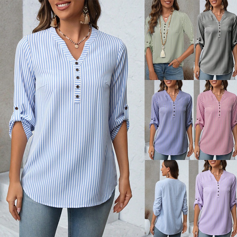 Women's Striped Color-Block Half-Open V-Neck Tie-Front Top with Three-Quarter Sleeves