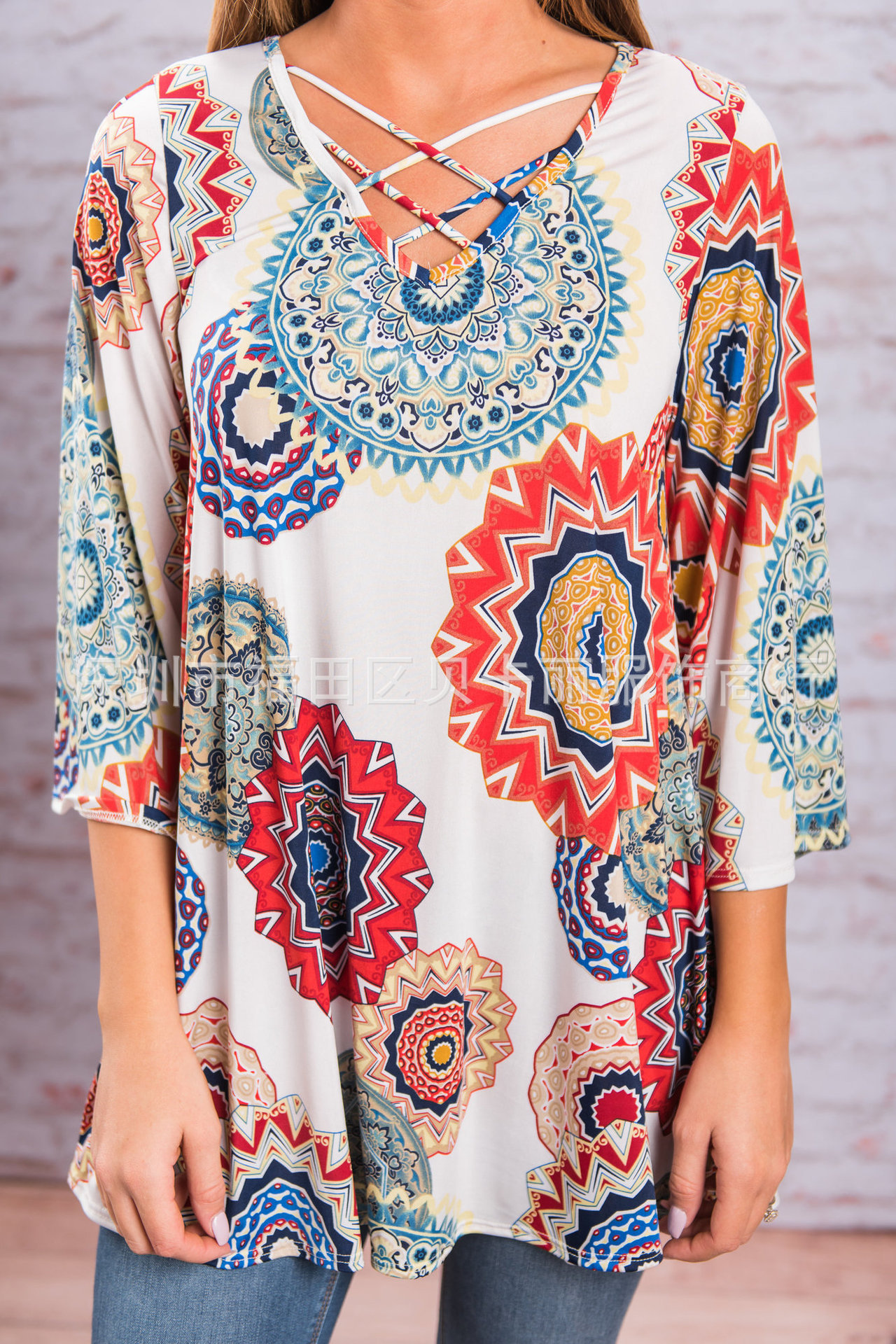 Women's Loose V-Neck Cross Print T-Shirt Top