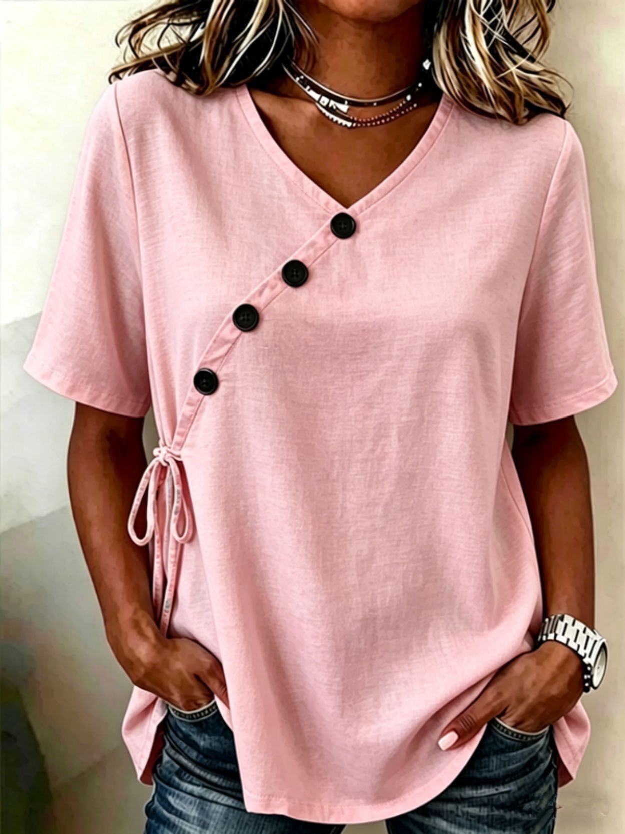 Women's Solid V-Neck Short Sleeve Cotton-Linen Tie Button Loose Casual T-Shirt
