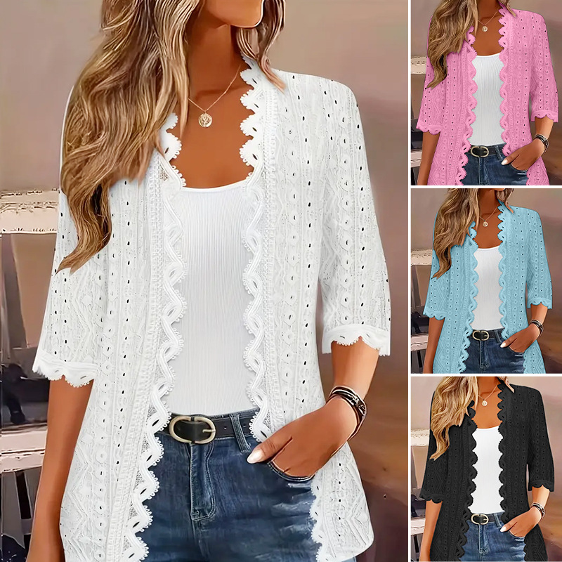 Women's Open-Front Cardigan with Hollow-Out Lace Splicing and Slim Fit Mid-Sleeve
