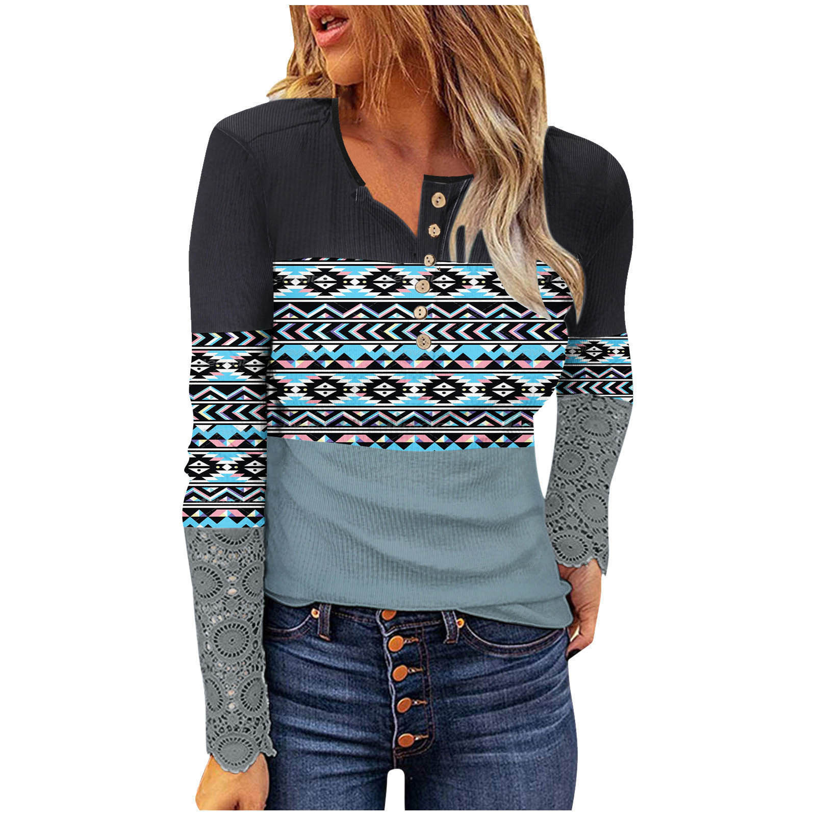 Lace Spliced Long Sleeve Ribbed Slim Fit Button Print Women's T-Shirt