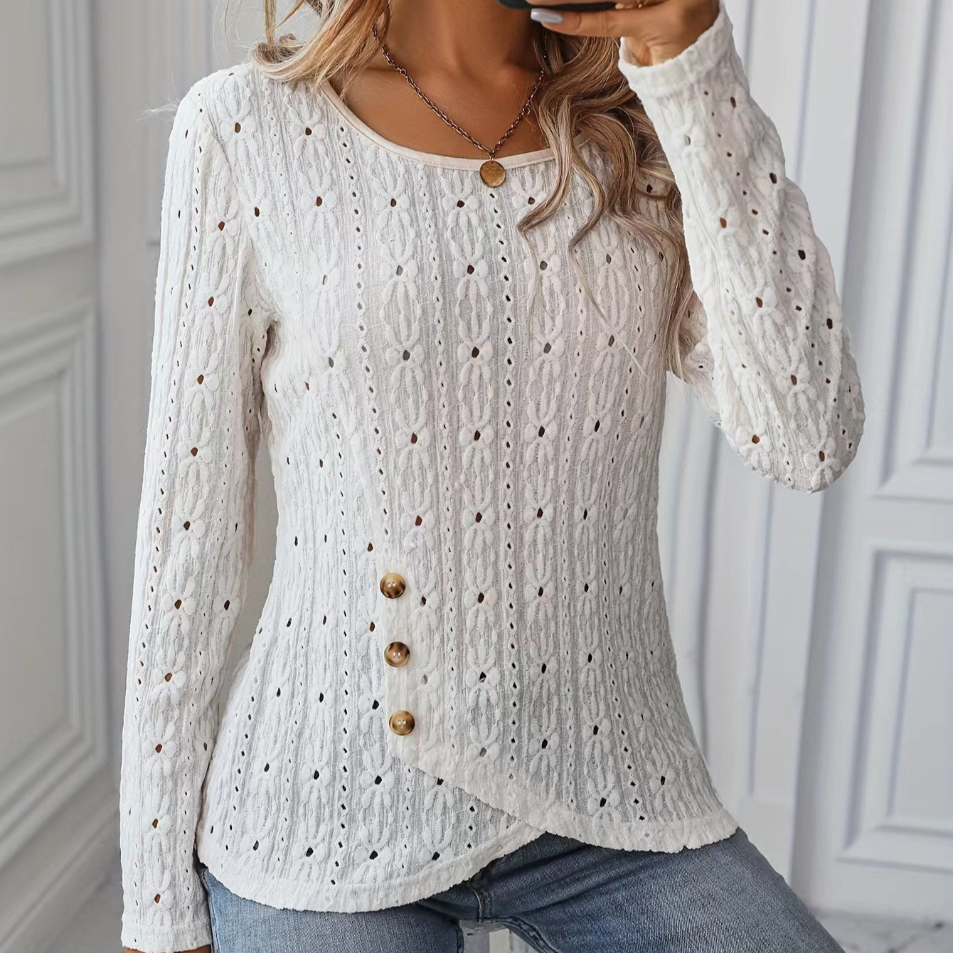 Women's Long-Sleeve Knit Jacquard Button Top
