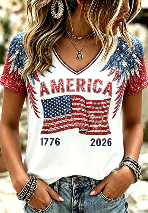 USA Flag 3D Print V-Neck Short Sleeve Women's T-Shirt