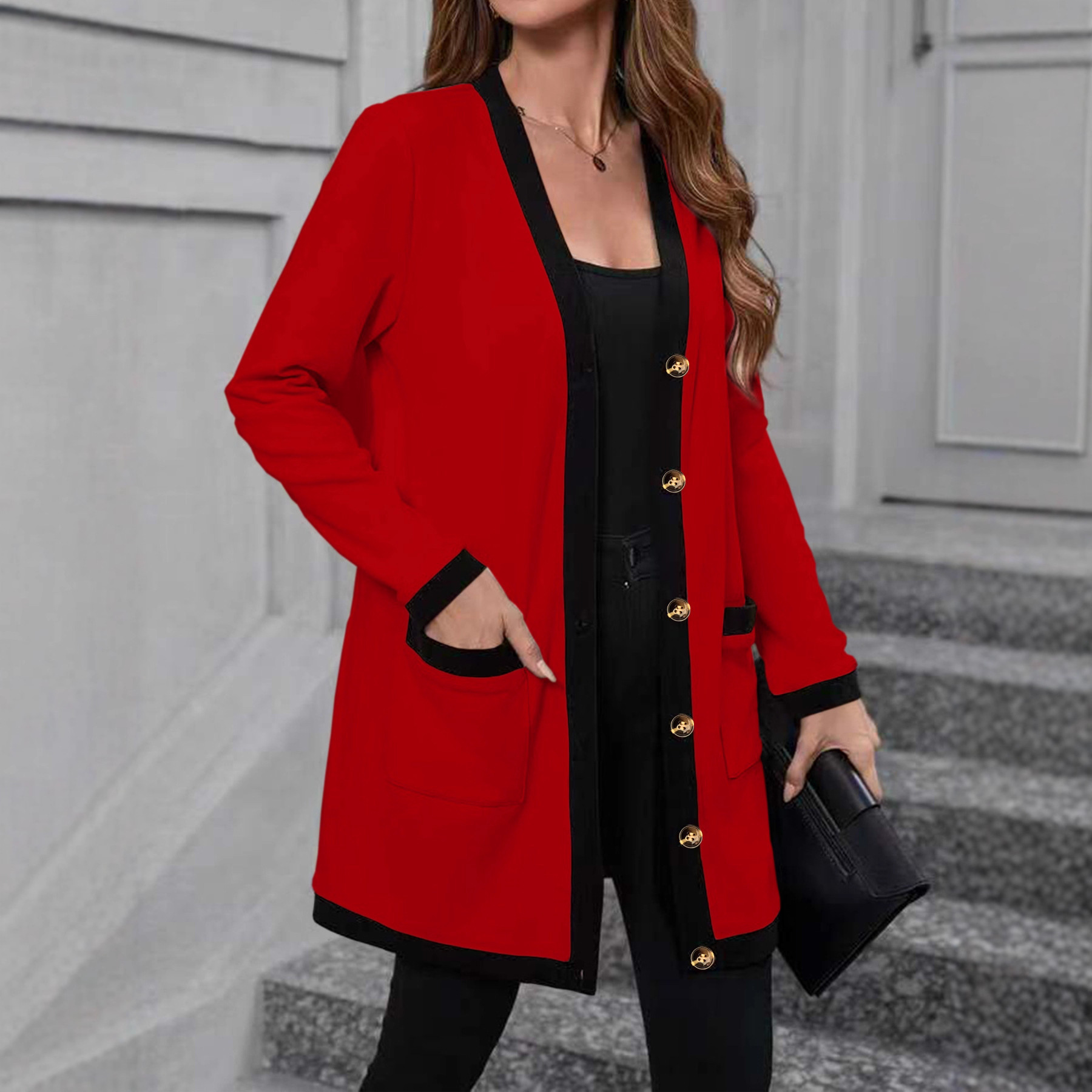 Colorblock Trim Knit Cardigan Women Open Front Midi Pocket Long Sleeve Plus Size