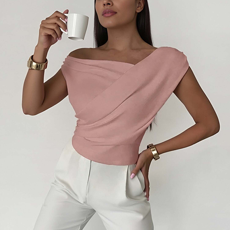 Women's Off-Shoulder Asymmetric Neck Sleeveless Top Short Sleeve Blouse