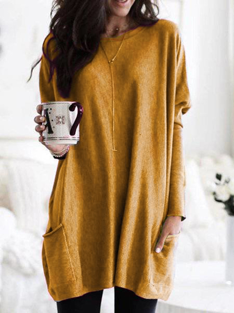 Women's Long Sleeve Pocket T-Shirt Casual Loose Fit Crew Neck Top