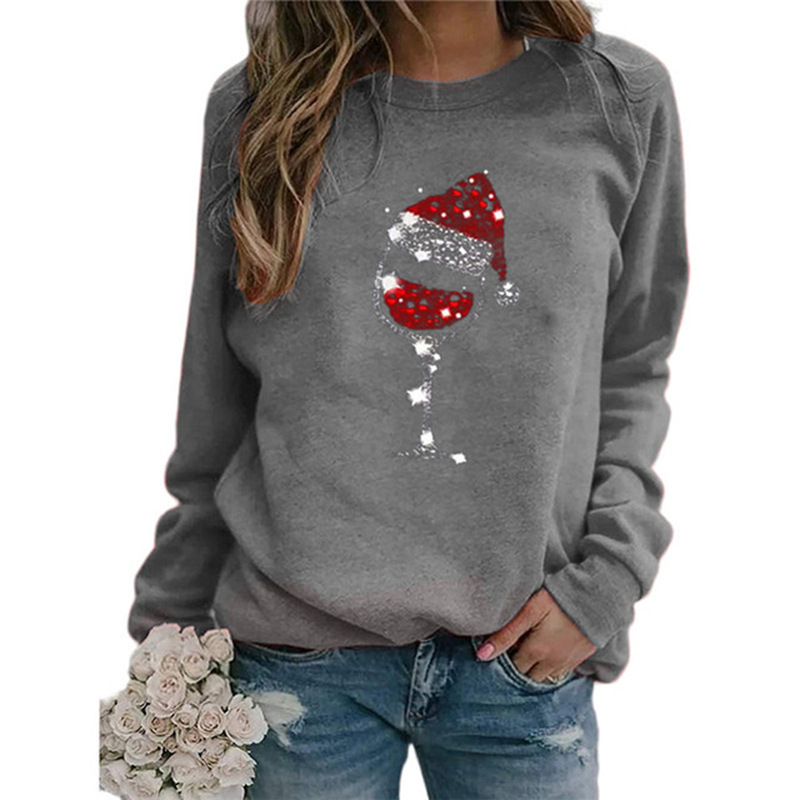 Christmas Wine Glass Print Long Sleeve Crewneck T-Shirt for Women