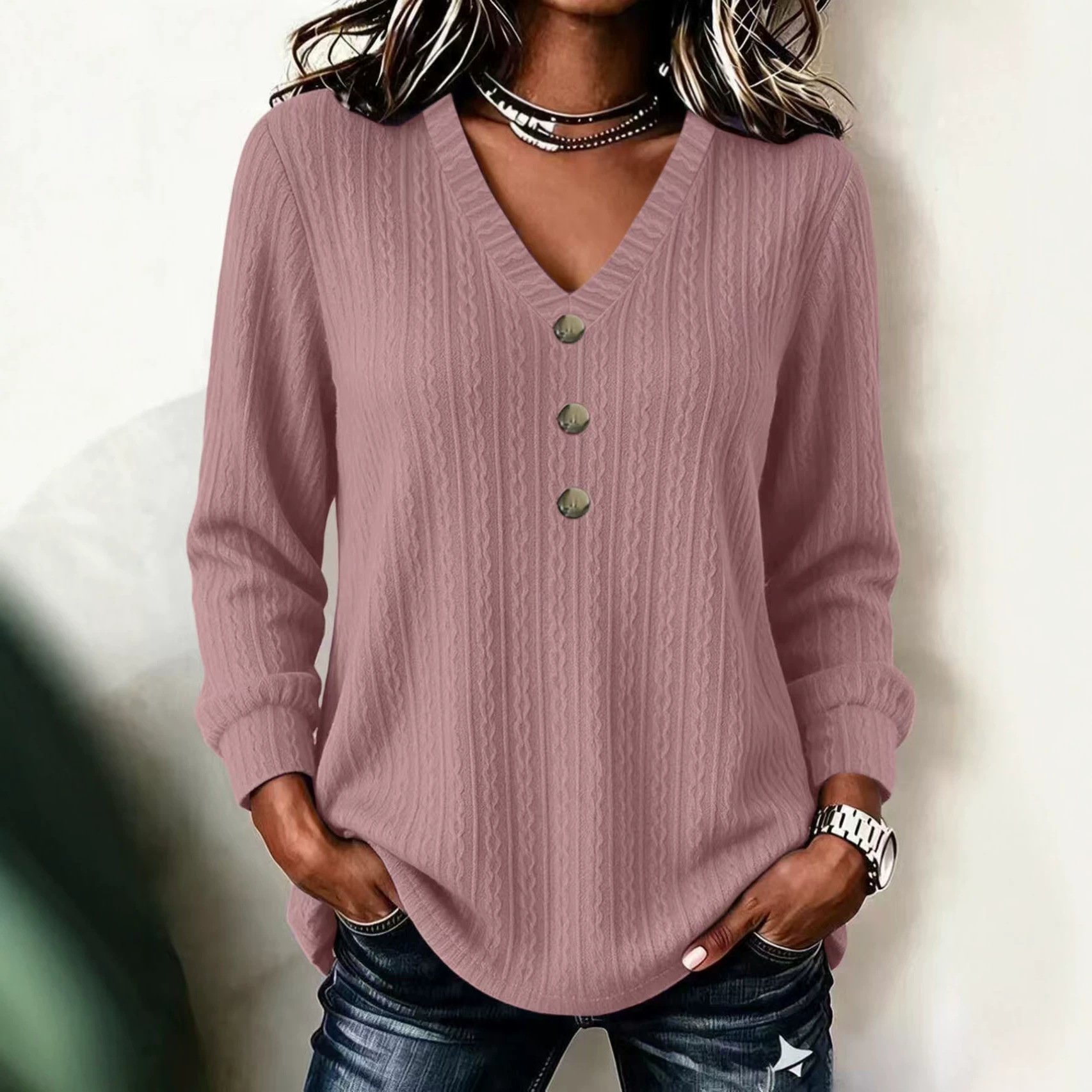 Cable Knit V-Neck Button Long Sleeve Sweater