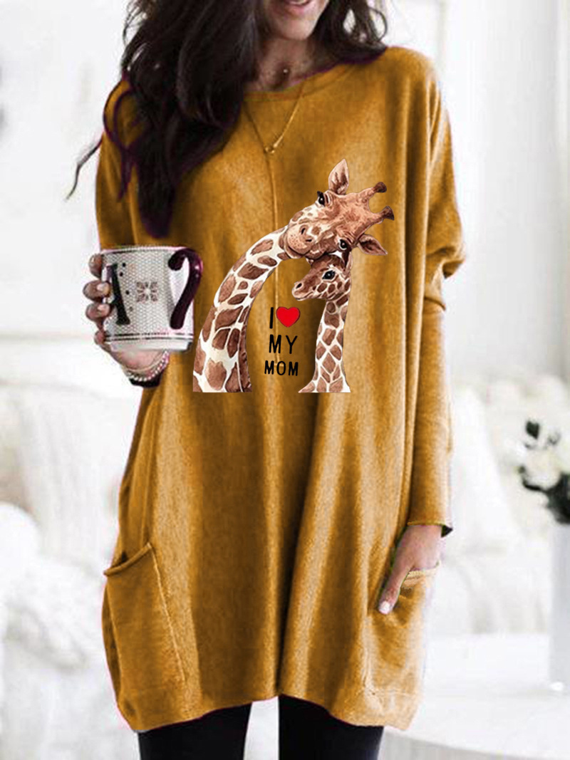 Women's Giraffe Print Long Sleeve Crew Neck Loose T-Shirt