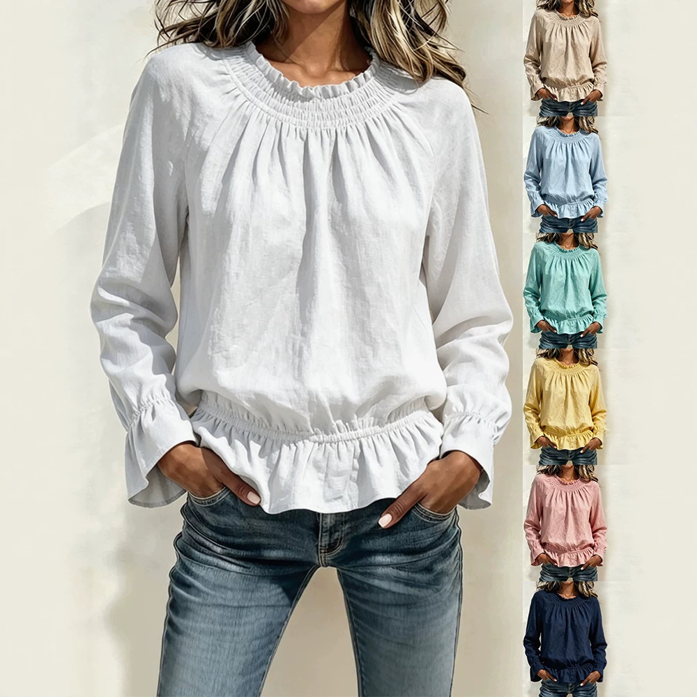 Women's Casual Crewneck Long-Sleeve Ruffle Solid Color T-Shirt