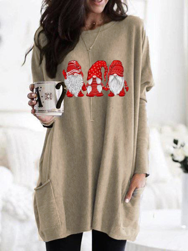 Santa Print Long Sleeve Round Neck Pocket Dress