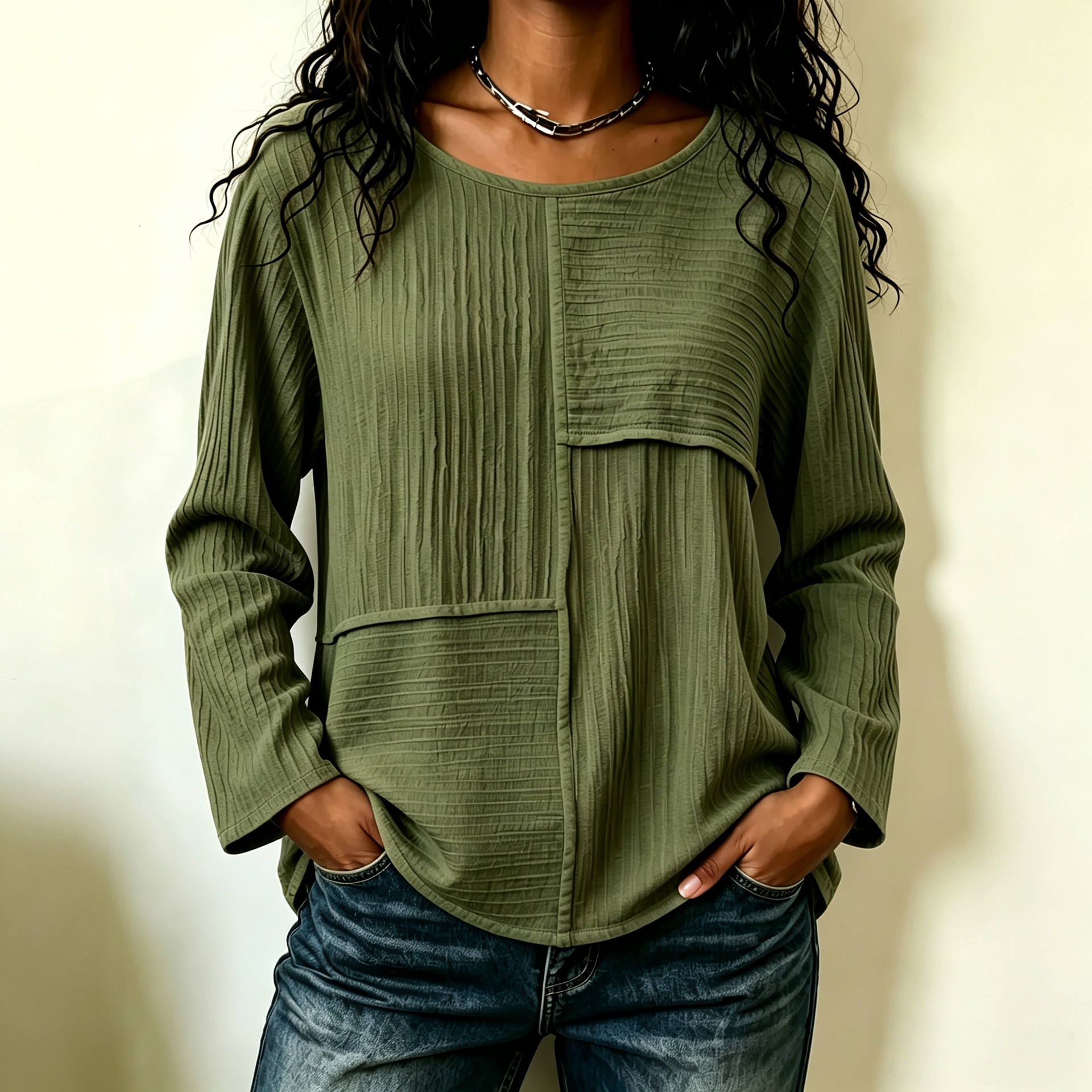 Women's Round Neck Colorblock Long Sleeve Loose Casual Top