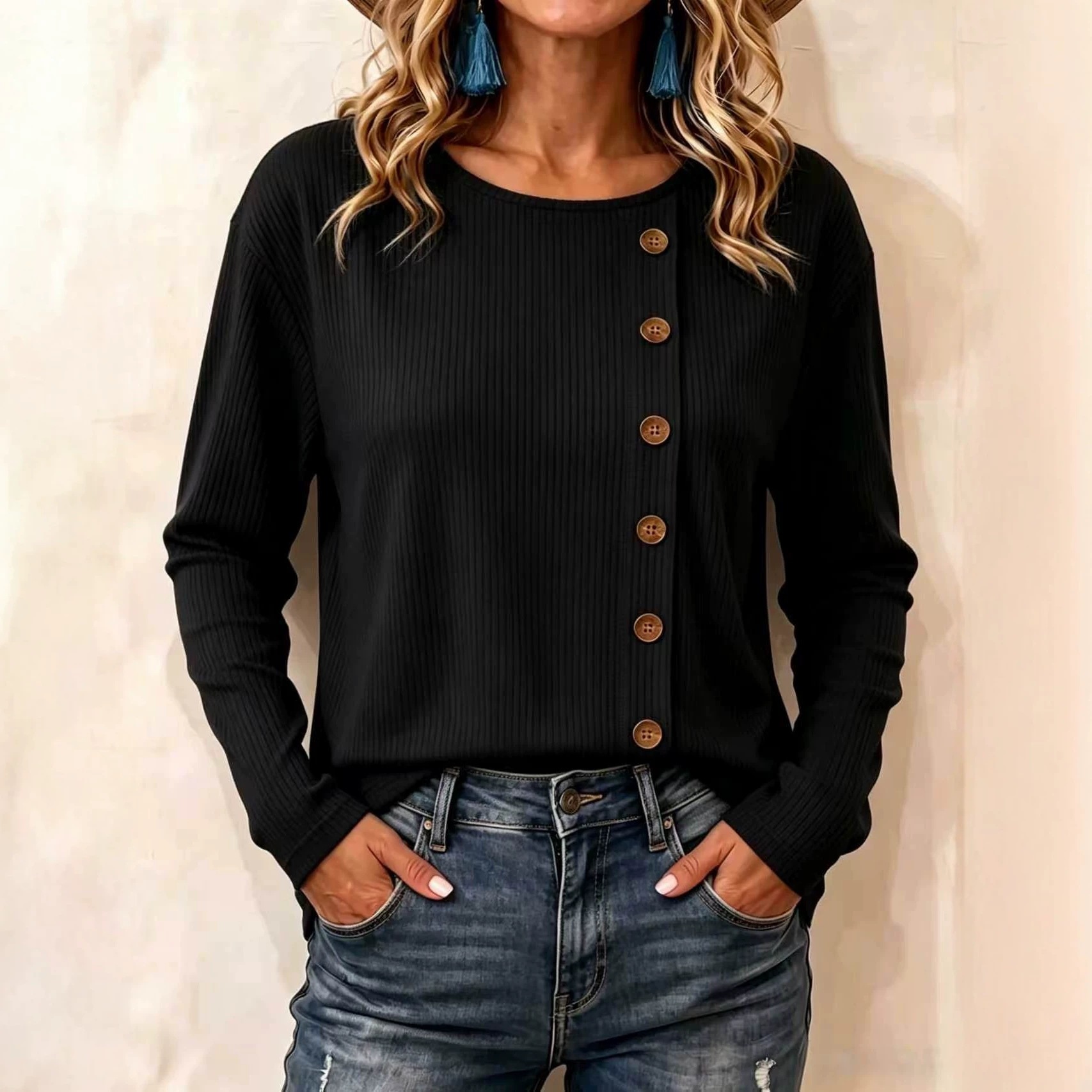 Corduroy Long-Sleeve Button-Front Solid Color Loose Fit T-Shirt