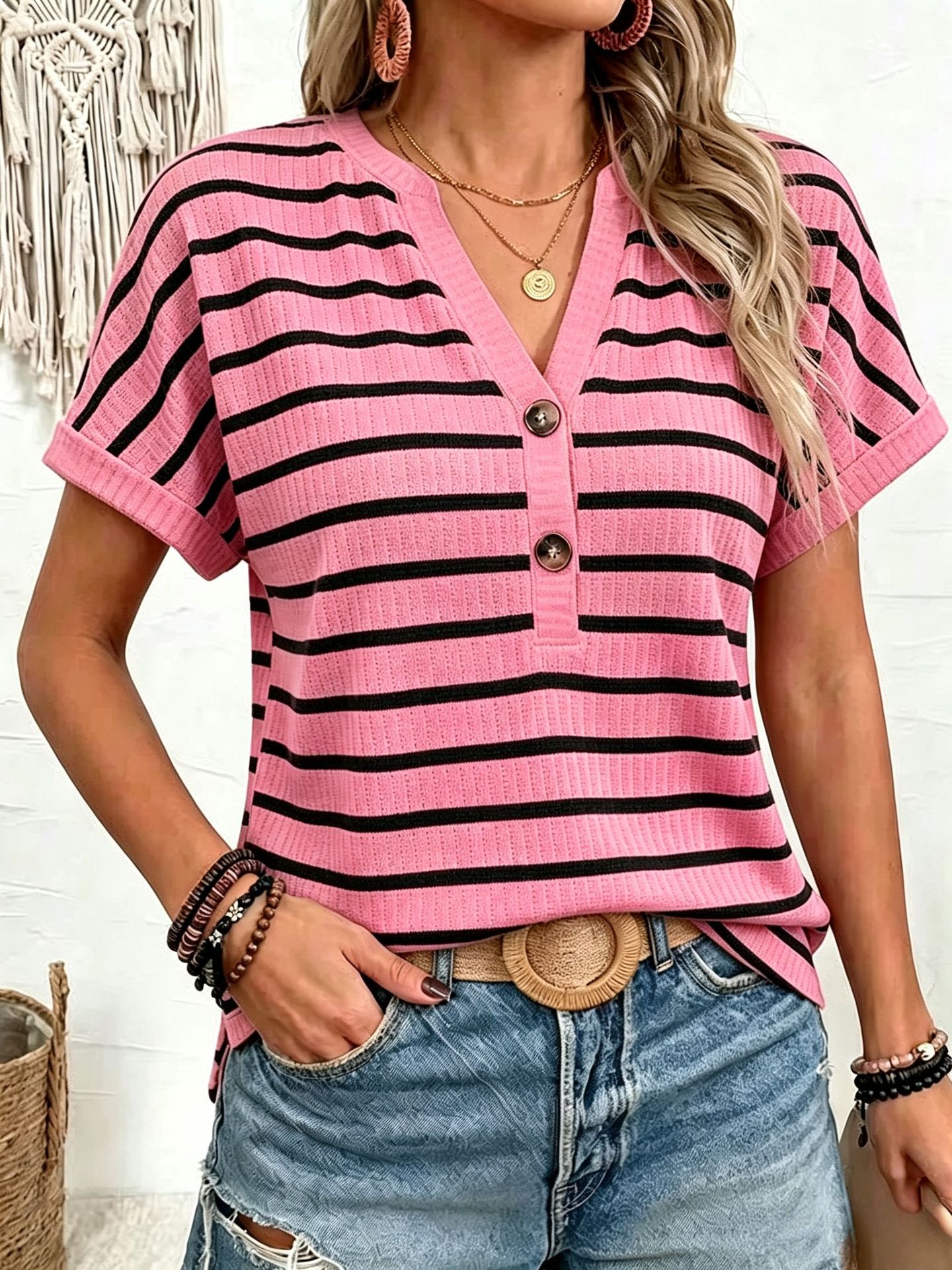 Women's Loose V-Neck Striped Waffle Knit Short Sleeve T-Shirt Casual Top