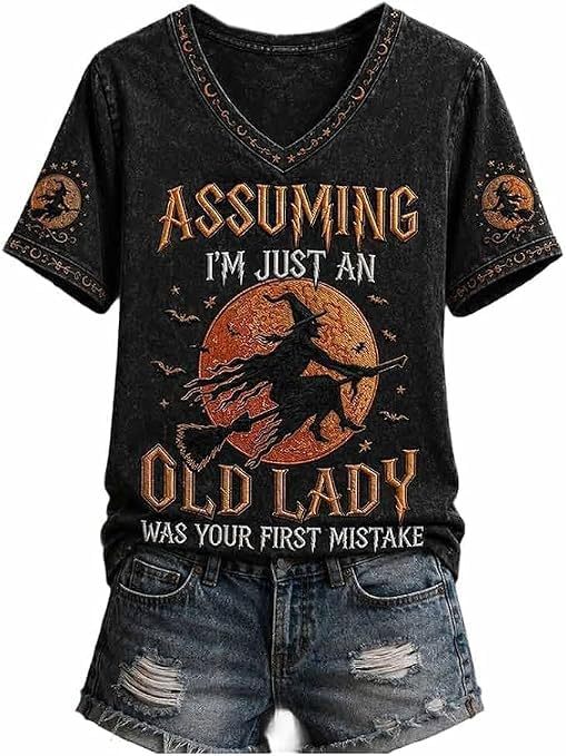 Halloween Evil Witch Print V-Neck Short Sleeve Women's T-Shirt