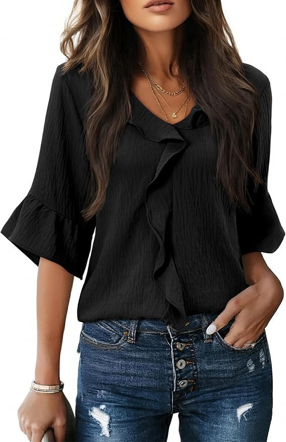 V-Neck Ruffle Lantern Sleeve Casual Top