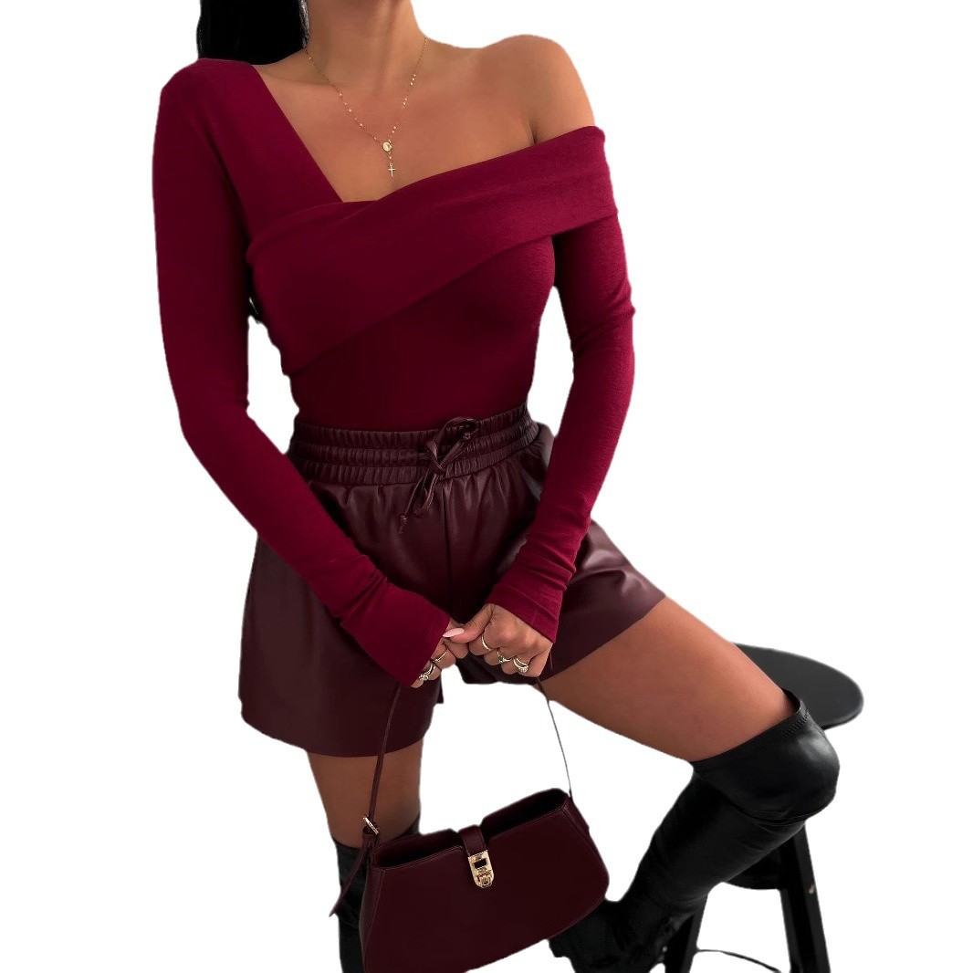 Women's Off-Shoulder Long-Sleeve Solid Color Slim Fit T-Shirt