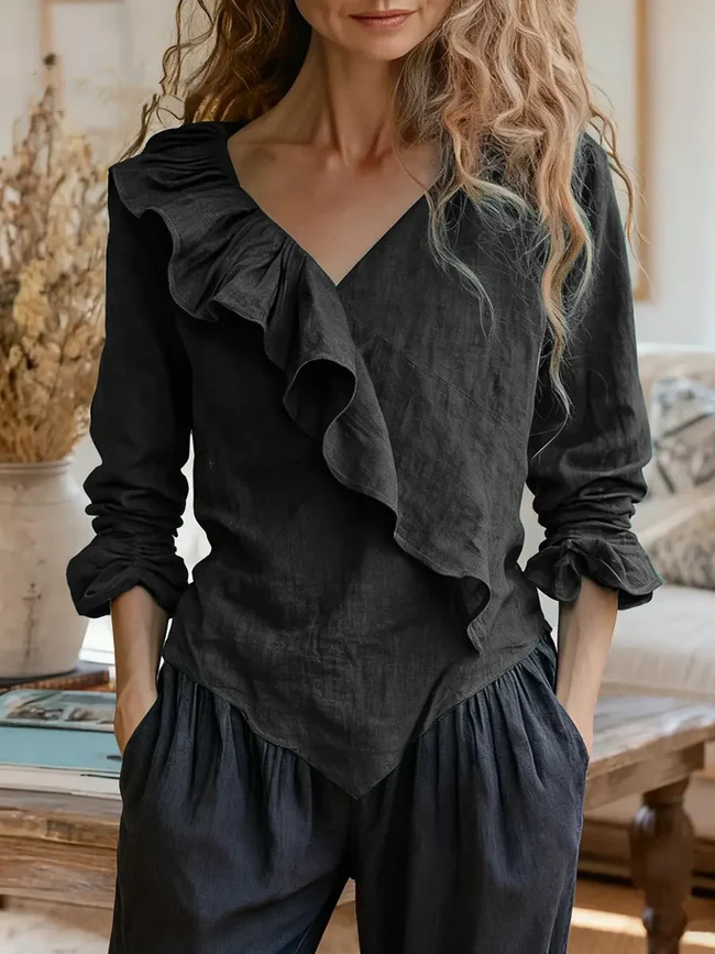 Women's Solid V-Neck Long Sleeve Ruffle Cotton-Linen Top