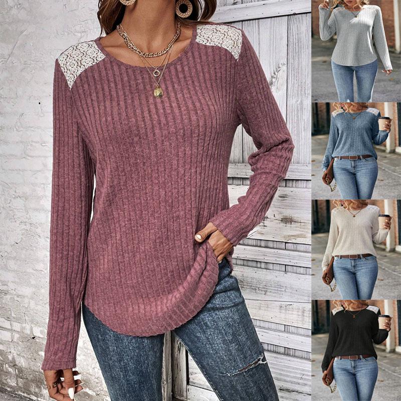 Women's Ribbed Brushed Lace Long Sleeve Crew Neck Top