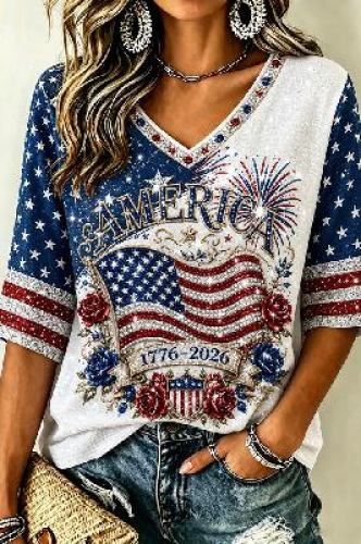 American Flag Fireworks Print V-Neck Short Sleeve T-Shirt for Women