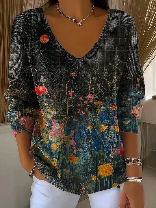 Women's V-Neck Long-Sleeve Cat Floral Pumpkin Print T-Shirt