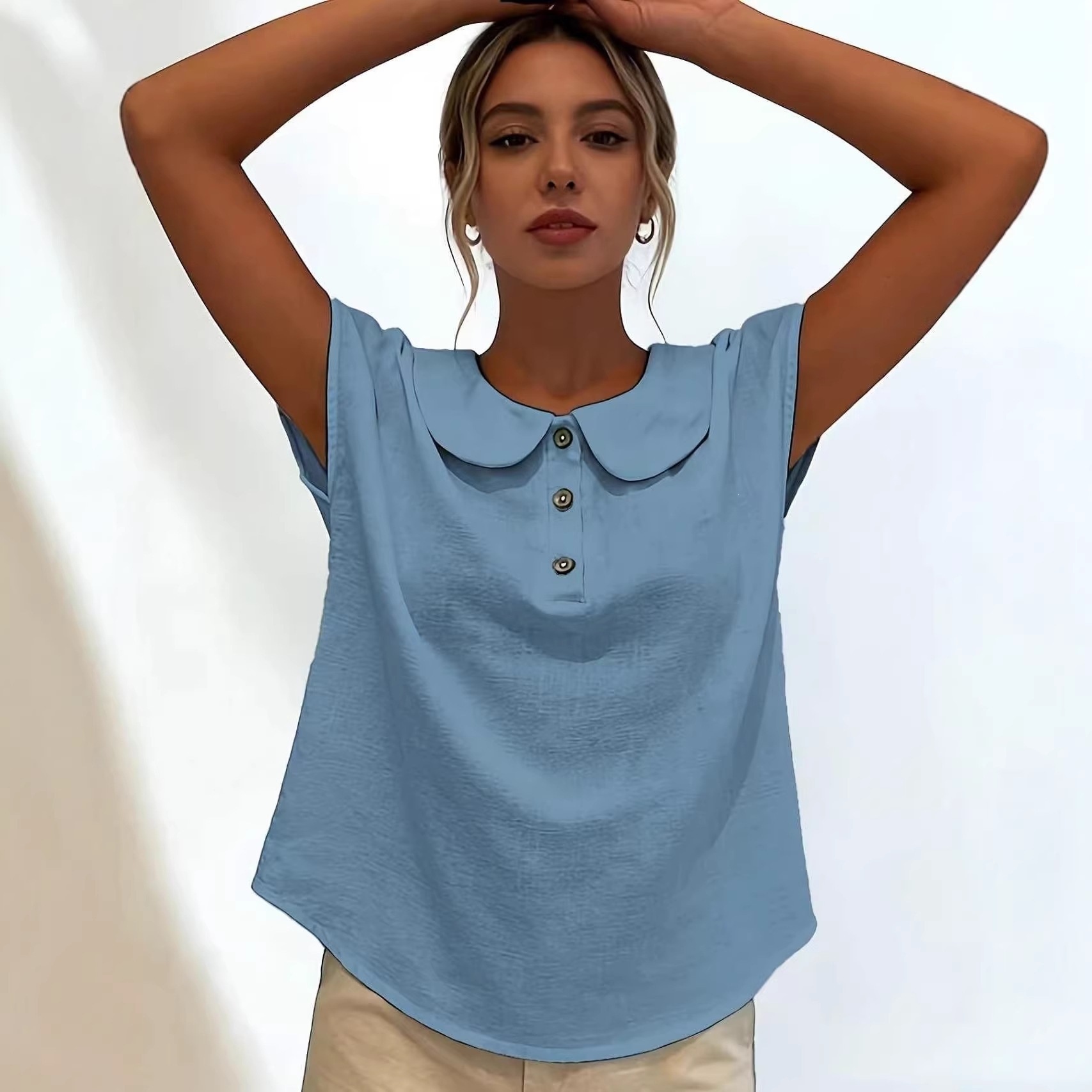 Women's Solid Color Short Sleeve Button V-Neck Blouse
