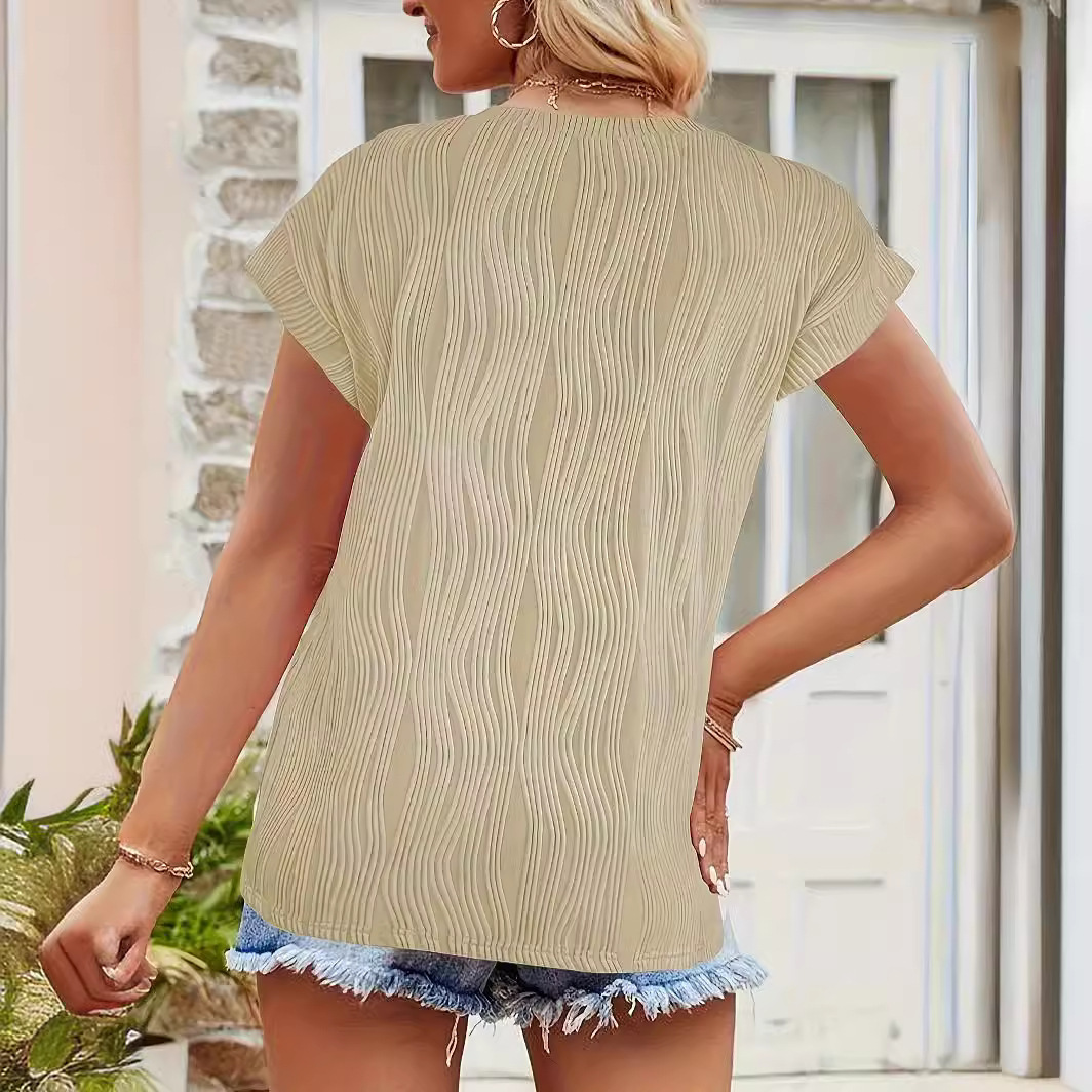 Women's Summer Casual Crewneck Short Sleeve Textured Solid Color Pullover T-Shirt