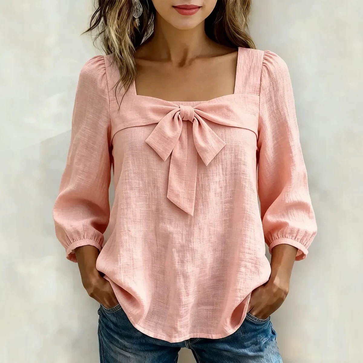 Women's Square Neck Bow Tie Blouse Casual Sweet Top