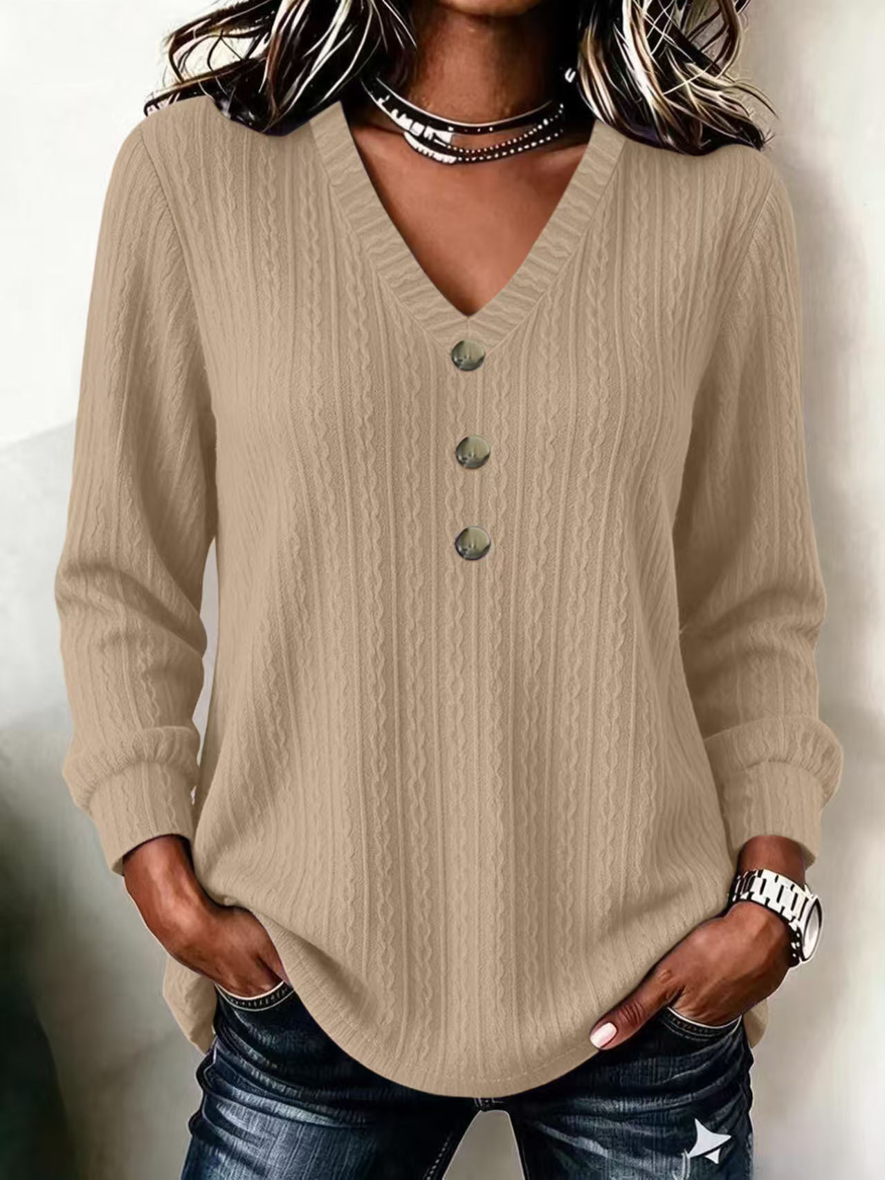 Cable Knit V-Neck Button Long Sleeve Sweater