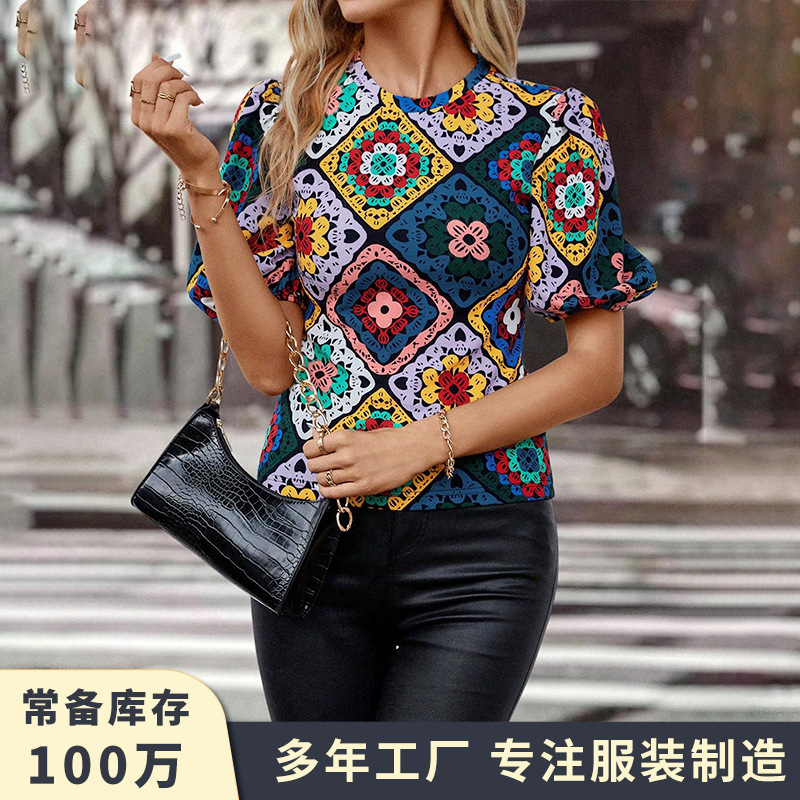 Colorful Retro Short-Sleeve Round-Neck Women's Top