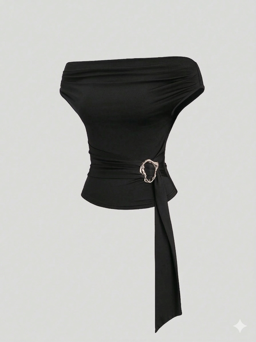 Women's Off-Shoulder Solid Color Top with Metal Buckle and Tie Detail