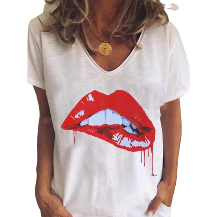 Women's Casual V-Neck Lip Print Short Sleeve T-Shirt
