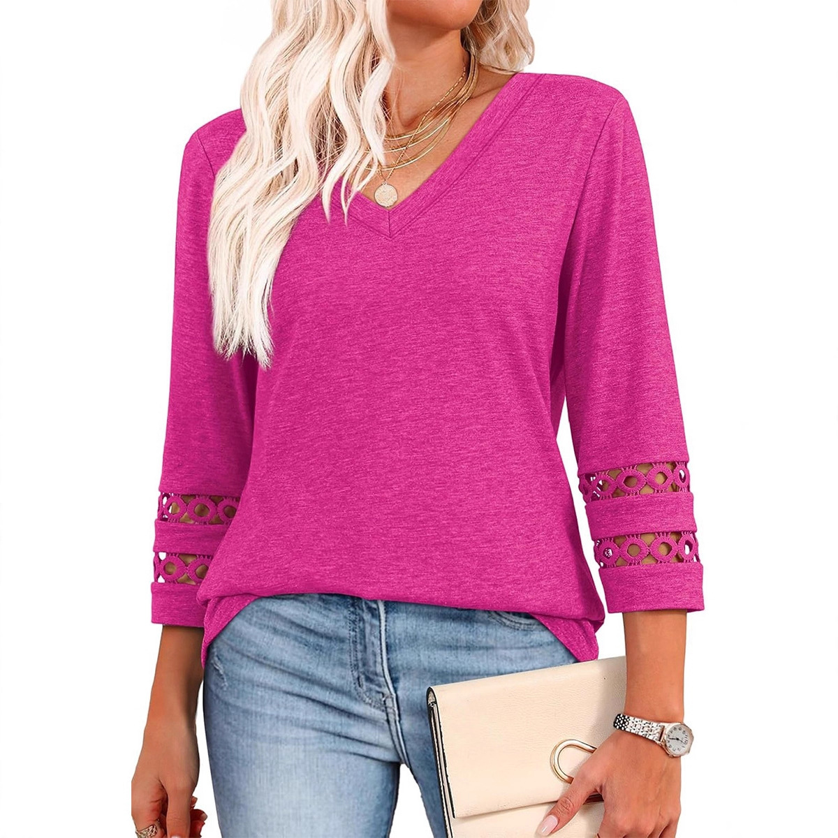 Women's Loose V-Neck 3/4 Sleeve Knit Top with Hollow-Out Detail
