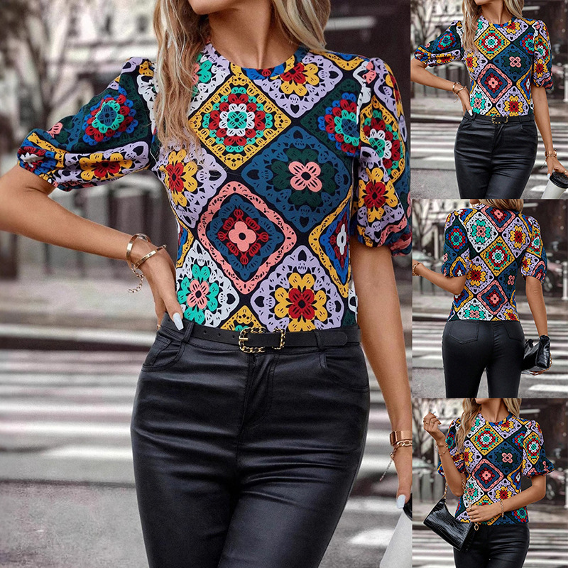 Colorful Retro Short-Sleeve Round-Neck Women's Top