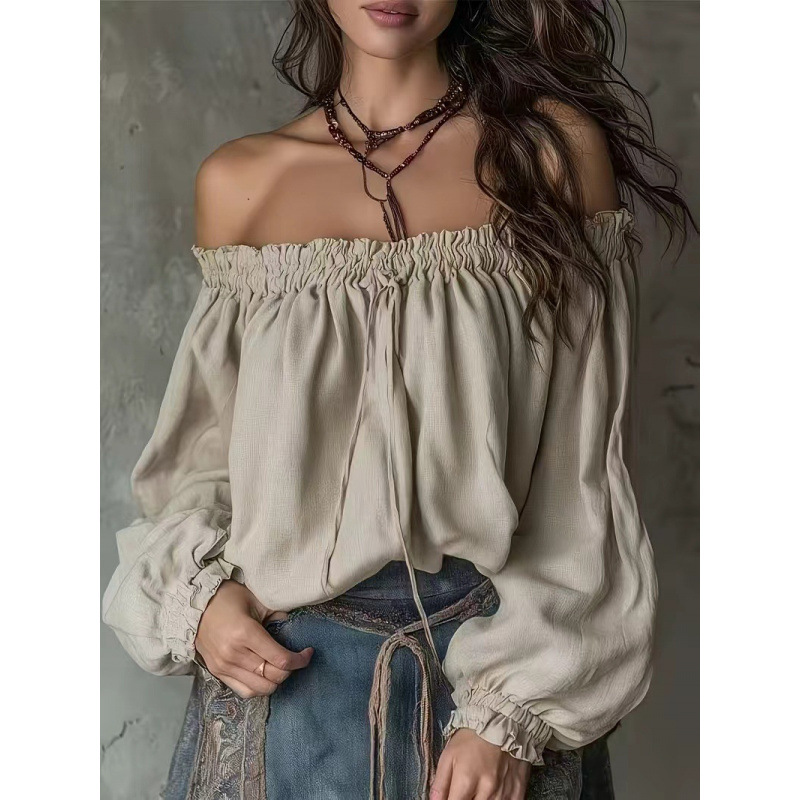 Off-Shoulder Chiffon Blouse with Puff Sleeves and Drawstring Neckline
